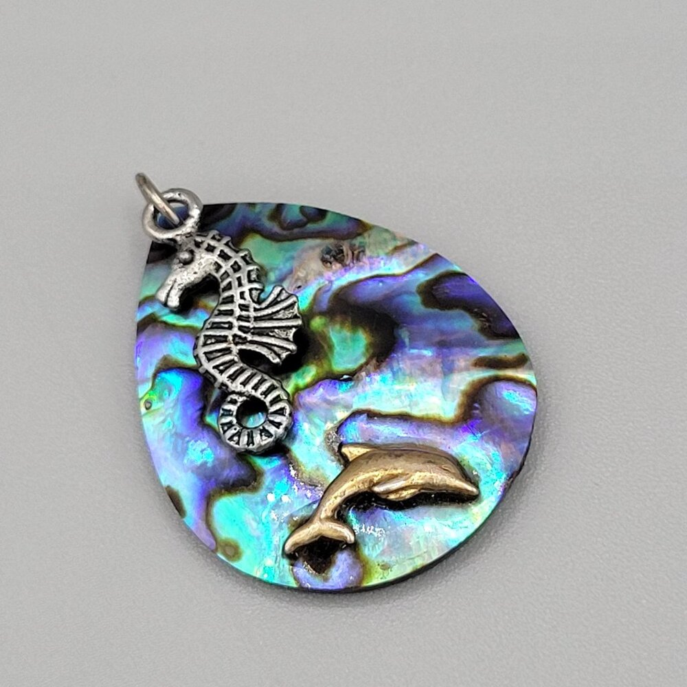 Inlay Abalone Shell Pendant With Silver Tone Seahorse Gold Tone Dolphin